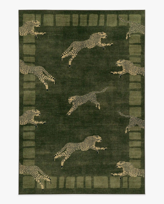 Leaping Cheetah Olive Green Rug by Scalamandré